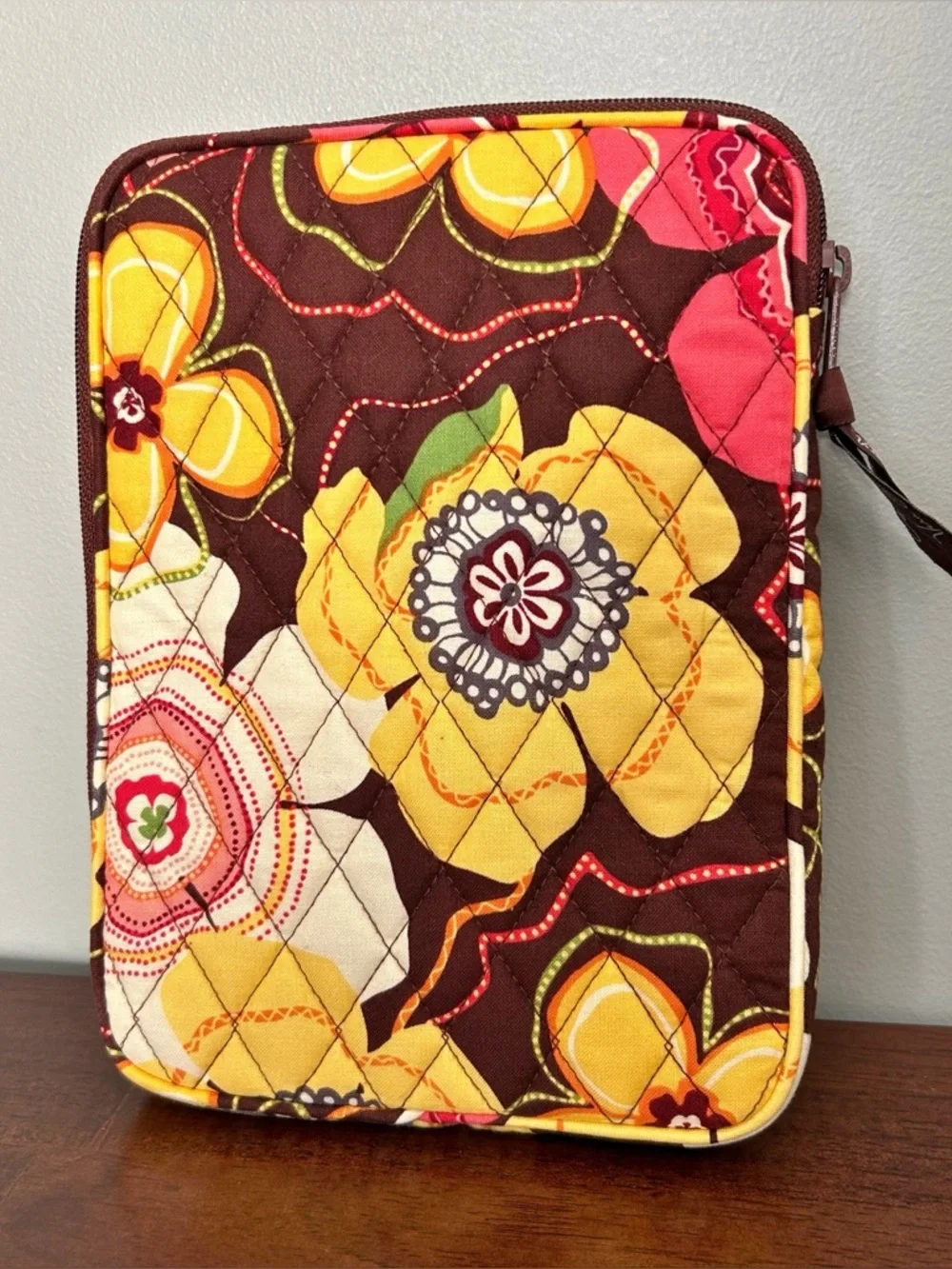 Vera Bradley Quilted E-Reader Tablet Case Sleeve Floral Brown Yellow Pink EUC